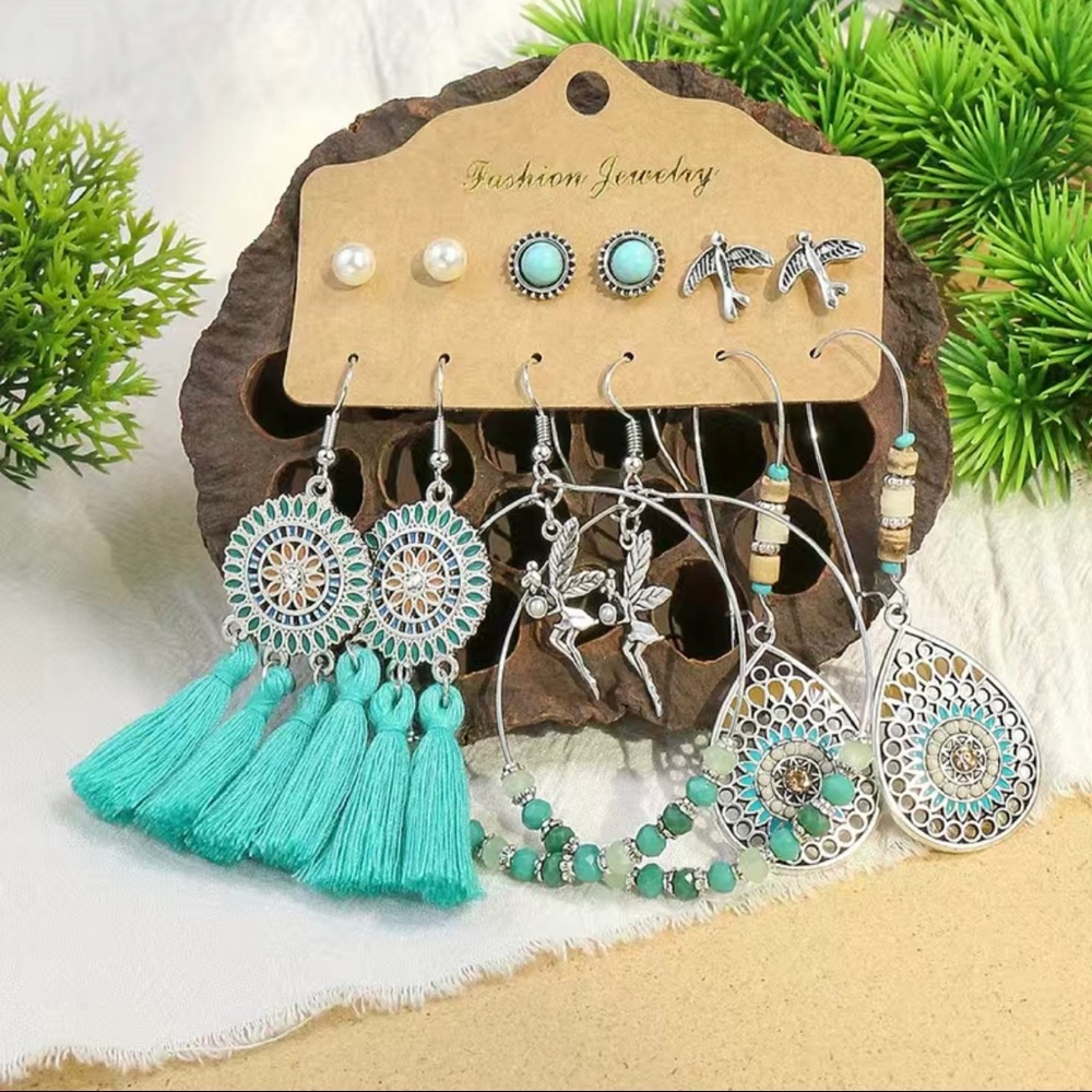 ⭐️Turquoise Decor Silvery Dangle Earrings Set Bohemian Style Zinc Alloy & studs